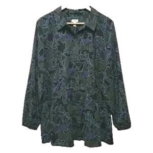 LOGO Lori Goldstein Tunic Blouse Womens XL Green Dark Floral Button Up Shirt Top